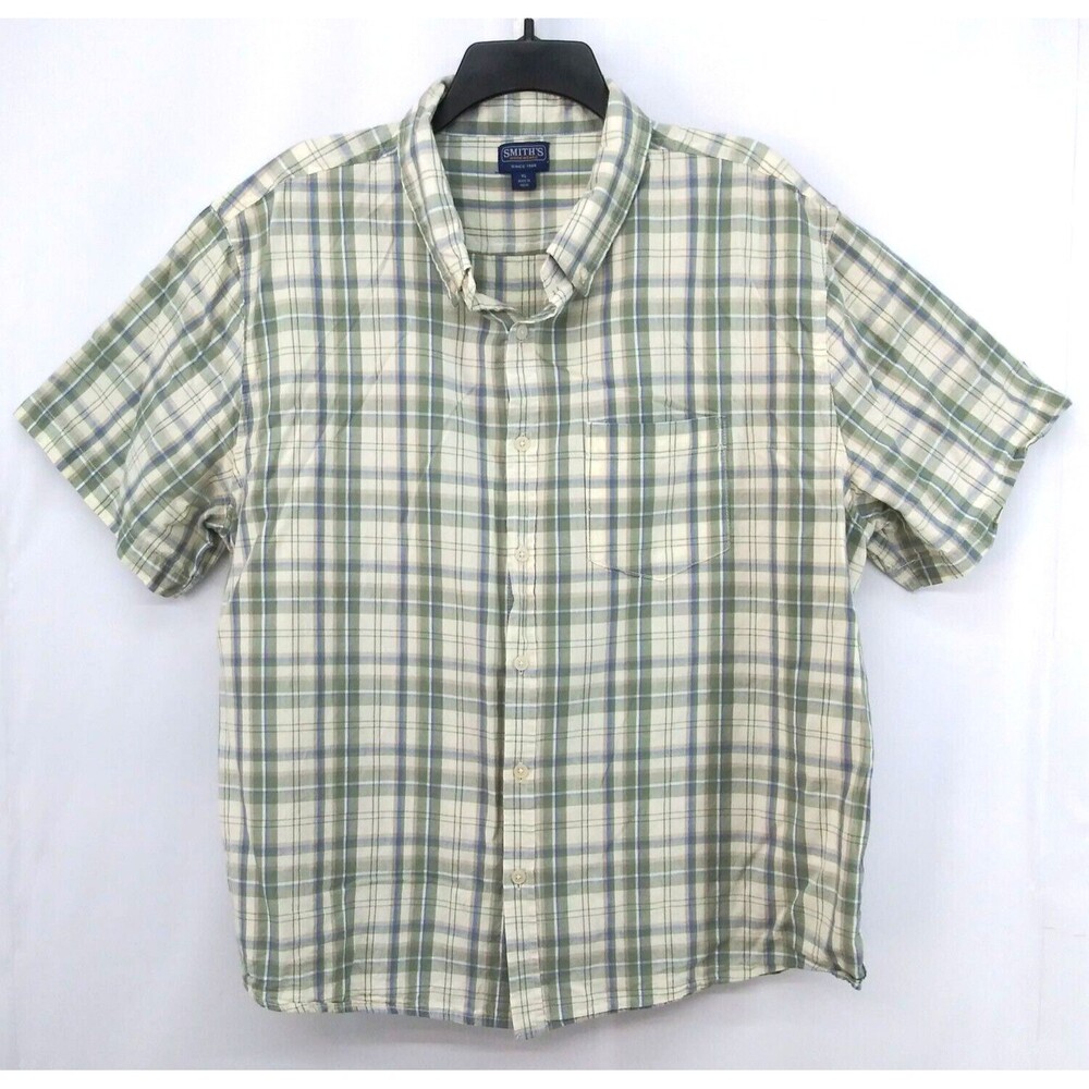 Smith's Workwear Shirt Mens Size XL Green Plaid Short Sleeve Casual Button Up